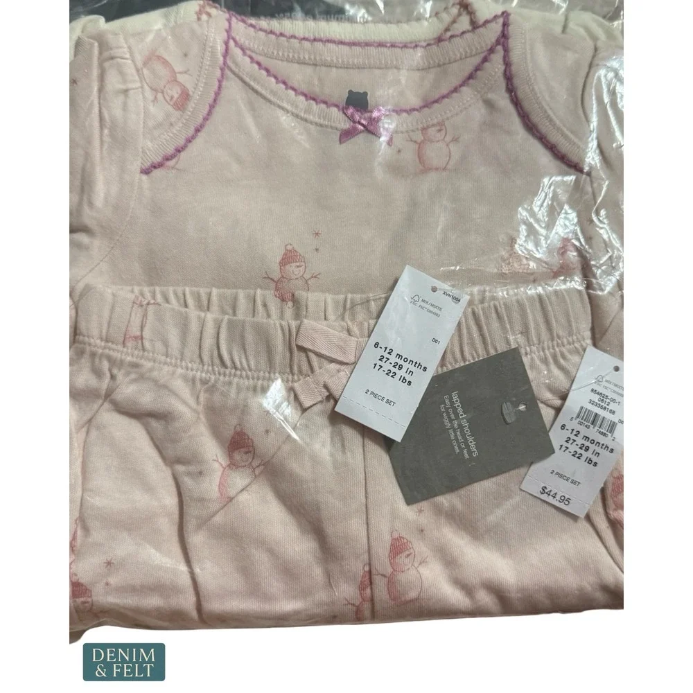 NEW Gap Baby Organic‎ Cotton Snowman Bodysuit Pajama Set Pink Winter Cozy 12-18M